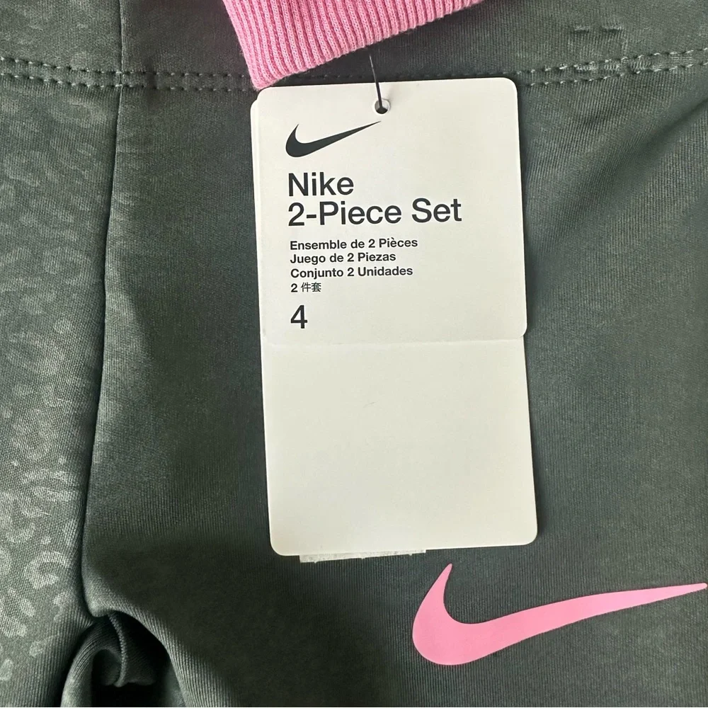 Nike Pink Crewneck Sweatshirt & Green Leopard Flare Pants Set Girls 4 NWT